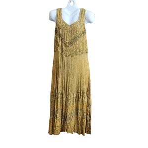 Whimsy Goth Tiered Maxi Dress-Rayon-Mossy Mustard-Embroidered-Shirred-Flowy-L/XL